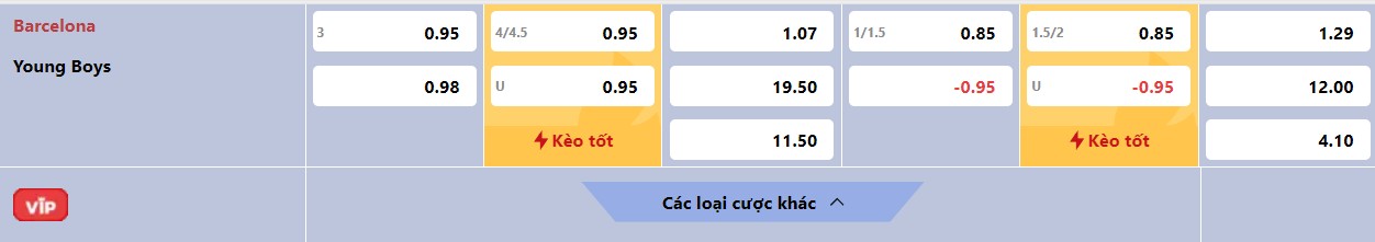 Thông tin bảng tỷ lệ kèo bóng đá Barcelona vs Young Boys